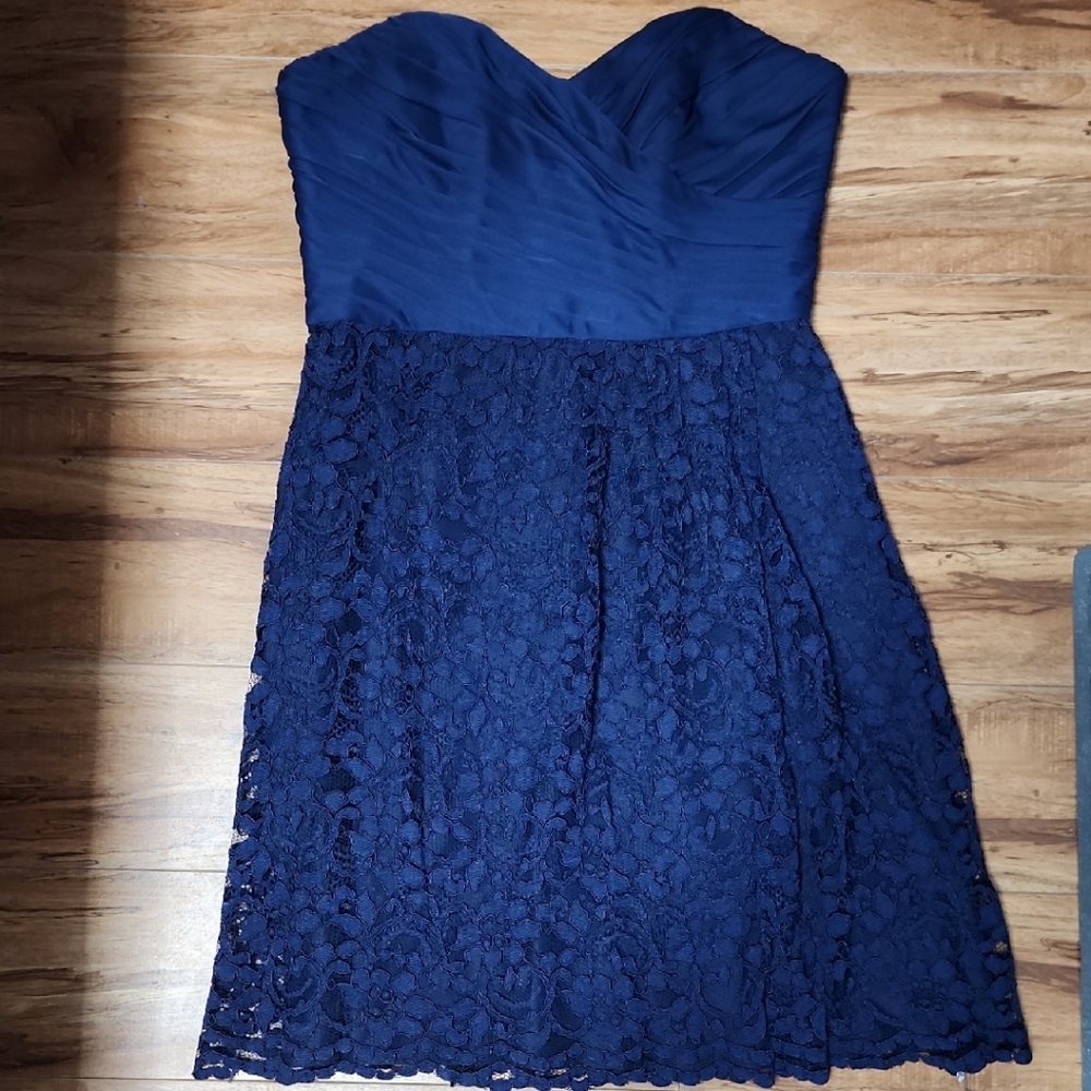 #168 David's Bridal Blue Strapless Sweetheart A-line Dress